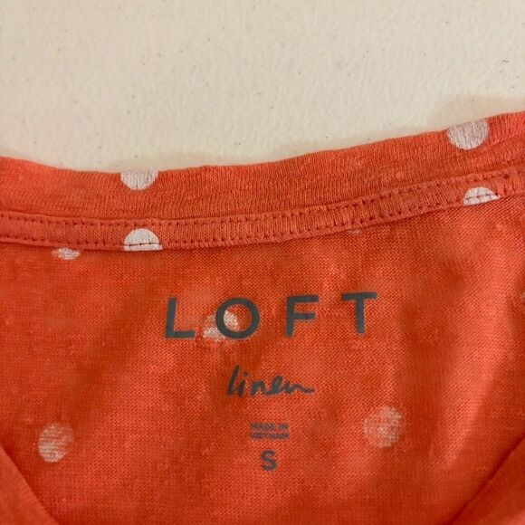 Loft T-Shirt Women's Small Orange Polka Dot Short Sleeve Ruffle Linen Top - Picture 6 of 8